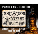 The Lone Star Art Deer and Beer - Metal Sign features a vintage-style deer, beer mugs, rifles, and a target. Printed on rustproof aluminum, it’s ideal for cabin decor or man caves. Includes images of a whisky bottle and glass.