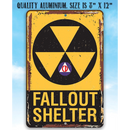 The Lone Star Art Fallout Shelter - Metal Sign features the classic yellow and black symbol on quality aluminum, sized 8 x 12. Ideal man cave decor or a unique Father’s Day gift.