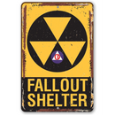 The Lone Star Art Fallout Shelter - Metal Sign features a bold radiation symbol and "FALLOUT SHELTER" lettering—ideal for man cave decor or as a unique Father's Day gift marking a protected space.
