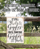 The Lone Star Art "It's All Shits And Giggles - Metal Sign" adds rustic humor to home decor, featuring durable metal safe for indoor or outdoor use. Perfect as a funny gift for any setting.