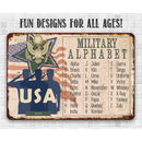 Lone Star Art's USA Military Alphabet - Metal Sign features the US flag, military alphabet, and saluting soldiers—fun designs for all ages and a unique gift for military enthusiasts.