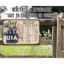 The USA Military Alphabet - Metal Sign by Lone Star Art displays the military alphabet with saluting soldiers. Durable for indoor or outdoor use, this rustic decor is a great military gift. Grass and flowers grow nearby for added charm.