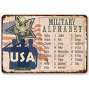 The "USA Military Alphabet - Metal Sign" by Lone Star Art features the military alphabet, eagle emblem, and saluting soldiers with a star and flag—making it an ideal gift for veterans or military enthusiasts.