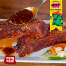 A close-up of two seasoned ribs on a white plate, topped with a spicy sauce made using Rico Rico Guajillo Chile Powder from the Rico Rico Chile Powder 3 Pack Bundle (Ancho, Guajillo, and Arbol), drizzled from a spoon. Pickled vegetables are served on the side, and in the upper right corner, a colorful banner highlights authentic Mexican cuisine.