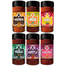 Six spice jars from the Rico Rico Chile Powder 6 Pack Bundle (24 oz Total)—featuring Ancho, Arbol, Chipotle, Guajillo, Habanero, and Pasilla—are arranged in two rows of three against a white background. Each jar is filled with authentic Mexican chile powder and features colorful, swirling label designs, showcasing the vibrant flavors that Rico Rico brings to your kitchen.
