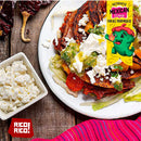 A plate of Mexican food with grilled tortillas, cheese, sauce, and lettuce sits next to a bowl of crumbled cheese. Enhanced with the bold taste of Rico Rico Chile Powder 3 Pack Bundle—featuring Ancho, Guajillo, and Pasilla varieties—each bite celebrates authentic Mexican flavors. A colorful label from Rico Rico reads “Authentic Mexican Flavor for all your meals!” alongside a playful chili character.