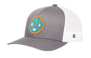 The Haka Hat Miami Trucker Hat—Black MIA X Football Snapback—features a mesh back and a round front patch displaying “MIA” and a football graphic in teal, orange, and white, making it the perfect way to add some game day style to your look.