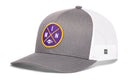 The Haka Hat Minnesota Trucker Hat is a black snapback featuring a round purple and yellow MIN X football patch—ideal for game day style.