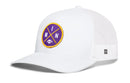 The Haka Hat Minnesota Trucker Hat is a black snapback with a curved bill, featuring a purple and yellow "MIN X Football" patch and side logo tag—perfect for game day style from Haka Hat.