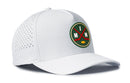 The Haka Hat Minnesota Hockey Performance 5-Panel Hat | MIN X Flexfit Snapback by Haka Hat is a white classic 5-panel hat with ventilation holes on the sides. It showcases a round green logo featuring two crossed red hockey sticks, a yellow puck, and the letters M and N—making it the perfect Flexfit snapback for hockey fans.