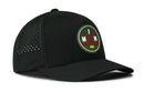 The Haka Hat Minnesota Hockey Performance 5-Panel Hat | MIN X Flexfit Snapback features a round logo with crossed red hockey sticks, the letters M and N, and a yellow puck. This black Haka Hat includes small ventilation holes on the sides for added comfort.