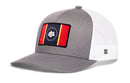 Grey and white Haka Hat Mississippi Flag Trucker Hat featuring a rectangular patch of the state flag on the front.