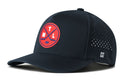 The Haka Hat Montreal Hockey Performance 5-Panel Hat (MTL X Flexfit Snapback) is a black hat featuring a red circular logo with crossed hockey sticks and the letters T, M, and L. Inspired by classic Montreal hockey style, it includes small ventilation holes on the sides and a subtle H logo on the front brim.