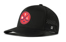 The Haka Hat Montreal Hockey Performance 5-Panel Hat | MTL X Flexfit Snapback is a black cap featuring a red and blue circular logo with crossed hockey sticks and the letters T, M, L. Designed by Haka Hat, this stylish Montreal Hockey hat offers side ventilation holes for breathability and includes a Flexfit Snapback for an adjustable, comfortable fit.