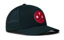 Introducing the Haka Hat Montreal Hockey Performance 5-Panel Hat | MTL X Flexfit Snapback—a dark green hockey hat designed by Haka Hat, featuring a mesh back for breathability and a distinctive round red patch on the front with crossed hockey sticks and the letters M, T, and L. Blending comfort with classic style, this Flexfit Snapback is an essential accessory for any hockey fan.