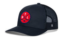 The Haka Hat Montreal Hockey Trucker Hat | MTL X Snapback is a black mesh trucker hat featuring a red circular patch on the front with crossed hockey sticks, a puck, and the letters M, T, and L. This classic Montreal hockey hat by Haka Hat offers an adjustable snapback closure for the perfect fit.