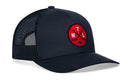 Introducing the Haka Hat Montreal Hockey Trucker Hat | MTL X Snapback—a stylish black mesh hat from Haka Hat featuring a curved brim and a red circular patch on the front with crossed hockey sticks and “MTL” lettering. This snapback trucker hat combines comfort and Montreal hockey pride, making it perfect for any fan.