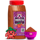 A shaker of Rico Rico Chipotle Morita Chile Powder, topped with a red cap, is shown beside a small bowl of its smoky, savory powder and an illustrated smiling red pepper. The vibrant label with playful designs and flames highlights this authentic chipotle chile powder blend from Rico Rico, perfect for bringing the bold flavors of Mexican cuisine to your table.