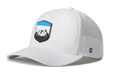Step 1: Identify essential elements from the product data to include: - Product name: Haka Hat Mountains and Sky Performance 5-Panel Hat - Brand: Haka Hat - Outdoors Flexfit Snapback - Description details (white, perforated sides, front patch with mountain range & blue sky, curved brim, small H logo) --- Rewritten Sentence: The Haka Hat Mountains and Sky Performance 5-Panel Hat by Haka Hat is a white Outdoors Flexfit Snapback featuring perforated sides for breathability and a front patch showcasing a