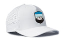 The Haka Hat Mountains and Sky Performance 5-Panel Hat by Haka Hat is a white Outdoors Flexfit Snapback featuring a blue, white, and black mountain emblem on the front and small ventilation holes on the side panel, providing comfort and style for your outdoor adventures.