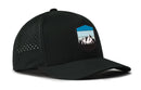 Experience the Haka Hat Mountains and Sky Performance 5-Panel Hat, an Outdoors Flexfit Snapback in black, featuring a blue, white, and black mountain patch on the front and small ventilation holes on the side. This moisture-wicking Haka Hat combines comfort and style, making it perfect for active days.