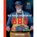 A man wearing a baseball cap and apron holds a platter of barbecue on the cover of Big Moe’s Big Book of BBQ: 75 Recipes from Brisket and Ribs to Cornbread and Mac and Cheese - Hardcover, which features professional pitmaster techniques.