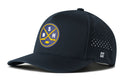 Introducing the Haka Hat Nashville Hockey Performance 5-Panel Hat—NSH X Flexfit Snapback in navy blue, crafted for devoted Nashville hockey fans. This stylish hat from Haka Hat features a round logo with two crossed hockey sticks, S and H letters, and a small puck. The Flexfit snapback design includes ventilation holes on the sides for breathability and an “H” logo on the front of the brim—making it perfect to show your team spirit both on and off the ice.