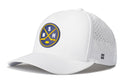 Introducing the Haka Hat Nashville Hockey Performance 5-Panel Hat | NSH X Flexfit Snapback—a white Flexfit snapback baseball cap featuring a circular logo with two crossed hockey sticks, the letters S, N, and H, and eye-catching yellow accents. This performance 5-panel hat by Haka Hat includes side ventilation holes for enhanced breathability and a subtle H logo, making it a must-have for any Nashville hockey fan.