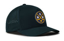 Introducing the Haka Hat Nashville Hockey Performance 5-Panel Hat | NSH X Flexfit Snapback by Haka Hat—a dark 5-panel snapback featuring a round logo with two crossed hockey sticks, the letters S, N, and H, and a small hockey puck. This performance hat is designed with side ventilation holes for extra comfort.