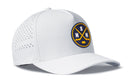 The Haka Hat Nashville Hockey Performance 5-Panel Hat | NSH X Flexfit Snapback by Haka Hat is a white Flexfit snapback baseball cap featuring a round blue and yellow logo with crossed hockey sticks, the letters S and N above and below the sticks, and a small hockey puck at the bottom—perfect for fans seeking a stylish Nashville hockey hat.