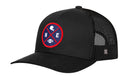 Display your Boston football pride with the Haka Hat Boston Trucker Hat | Black BOS X Football Snapback from Haka Hat. This black mesh trucker hat features a circular patch embroidered with bold red crossed lines, a blue background, white “N” and “E” letters, a football, and a white helmet. The patch is outlined in red for added style—making this the ultimate Boston trucker hat for any dedicated fan.
