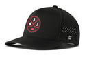 Introducing the Haka Hat New Jersey Hockey Performance 5-Panel Hat | NJ X Flexfit Snapback by Haka Hat. This black hat features a bold red and white crossed hockey sticks logo on the front, displaying the letters “N” and “J” along with an outline of New Jersey. Designed for performance, it’s water repellent with small perforations on the side panels for enhanced breathability, and includes a comfortable Flexfit sweatband for all-day wear.
