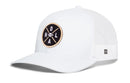 The Haka Hat New Orleans Trucker Hat features a white mesh design, curved brim, and a black circular front patch with crossed NOL letters and a football at the center. Branded as the Black NOL X Football Snapback by Haka Hat.