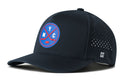 The Haka Hat New York City Hockey Performance 5-Panel Hat is a black NYC x Flexfit Snapback designed with a blue and red circular hockey logo featuring crossed sticks, small white side ventilation holes, and a comfortable Flexfit sweatband for all-day wear.