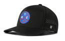 The Haka Hat New York City Hockey Performance 5-Panel Hat (NYC X Flexfit Snapback) is a black hockey hat featuring a blue and red crossed sticks hockey logo on the front, a small Haka Hat “H” logo on the side, and perforated holes on the back panel. Designed by Haka Hat for comfort and durability, this water-repellent snapback includes a Flexfit sweatband for all-day secure fit.