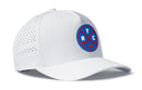 Introducing the Haka Hat New York City Hockey Performance 5-Panel Hat by Haka Hat—a water-repellent white Flexfit snapback featuring a blue circular patch with crossed red hockey sticks and white N, Y, and C letters. This NYC X Flexfit cap includes a curved brim, side ventilation holes for breathability, and a comfortable all-day Flexfit sweatband.