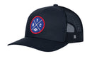 The Haka Hat New York Trucker Hat | Black NYC X Football Snapback by Haka Hat features a black design with a mesh back and a blue circular embroidered patch on the front, accented with red borders, crossed lines, and the letters N, Y, and C alongside a small white football icon—making it the perfect football snapback for city style.