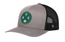 The Haka Hat New York Trucker Hat | Black NYC X Football Snapback by Haka Hat features a solid gray front panel with a green circular NYC football patch, while the black mesh back ensures style and breathability.