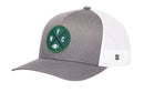 The Haka Hat New York Trucker Hat, also known as the Black NYC X Football Snapback, features a gray and white mesh design with a green circular NYC patch and a small white football on the front, blending classic style with sporty flair.