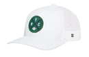 The Haka Hat New York Trucker Hat features a white mesh design with a curved brim and a green circular NYC patch on the front, adorned with crossed lines and a small football graphic in the center. This Black NYC X Football Snapback brings classic city style to any casual outfit.