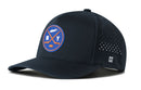Introducing the Haka Hat New York Hockey Performance 5-Panel Hat | NY X Flexfit Snapback: a black hat by Haka Hat featuring a round NY hockey logo with crossed sticks and an orange and blue fish, plus small side ventilation holes and a comfortable Flexfit sweatband. This water-repellent hat blends style and performance for hockey fans.