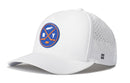 Introducing the Haka Hat New York Hockey Performance 5-Panel Hat | NY X Flexfit Snapback—a white cap by Haka Hat featuring a blue and orange hockey-themed logo with crossed sticks, a puck, and “NY” on the front. This snapback hat includes side ventilation holes for breathability and is designed with a Flexfit sweatband to provide added comfort.