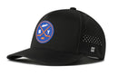 The Haka Hat New York Hockey Performance 5-Panel Hat | NY X Flexfit Snapback by Haka Hat is a black baseball cap featuring a blue, orange, and white New York Islanders hockey-themed logo on the front and small ventilation holes on the side. This snapback hat also includes a comfortable Flexfit sweatband for all-day wear.