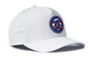 The Haka Hat New York Hockey Performance 5-Panel Hat | NY X Flexfit Snapback by Haka Hat is a white baseball cap featuring a round blue and orange New York Islanders hockey logo with crossed hockey sticks, a puck, and the letters “NY” on the front. Designed for classic New York hockey style, it includes small ventilation holes on the sides and a comfortable Flexfit sweatband for all-day wear.