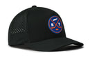 Introducing the Haka Hat New York Hockey Performance 5-Panel Hat | NY X Flexfit Snapback—a black hat with perforated sides and a round blue front patch showcasing crossed orange hockey sticks, N and Y letters, and a white hockey puck. Featuring a Flexfit sweatband for enhanced comfort and water repellent construction, this Haka Hat is perfect for New York hockey fans on the go.