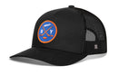 Black Haka Hat New York Hockey Trucker Hat featuring a circular patch with the letters NY, two crossed hockey sticks, and a hockey puck on a blue background.