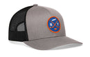 Gray Haka Hat New York Hockey Trucker Hat with a black mesh back and a circular patch featuring crossed hockey sticks, a puck, a map of Long Island, and the letters NY.