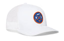 White embroidered Haka Hat New York Hockey Trucker Hat featuring a circular patch with the letters N and Y, two crossed hockey sticks, and a small map outline of Long Island.