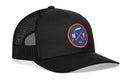 Haka Hat New York Hockey Trucker Hat | Long Island NY X Snapback featuring a black mesh-back and a circular patch with the letters NY, crossed hockey sticks, a hockey puck, and a map of Long Island in blue and orange.