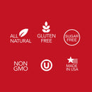 Five white icons and texts on a red background showcase key benefits of The Spice Lab Nom Nom Paleo Magic Mushroom Powder: all natural, gluten free, sugar free, non-GMO, kosher (U in a circle), and made in the USA with a flag and star motif. Discover bold flavors in this seasoning blend from The Spice Lab, crafted with porcini mushroom for rich umami taste.